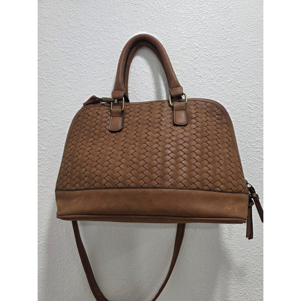 Bueno Tan Brown Woven Faux Leather Dome Satchel Crossbody Bag Handbag